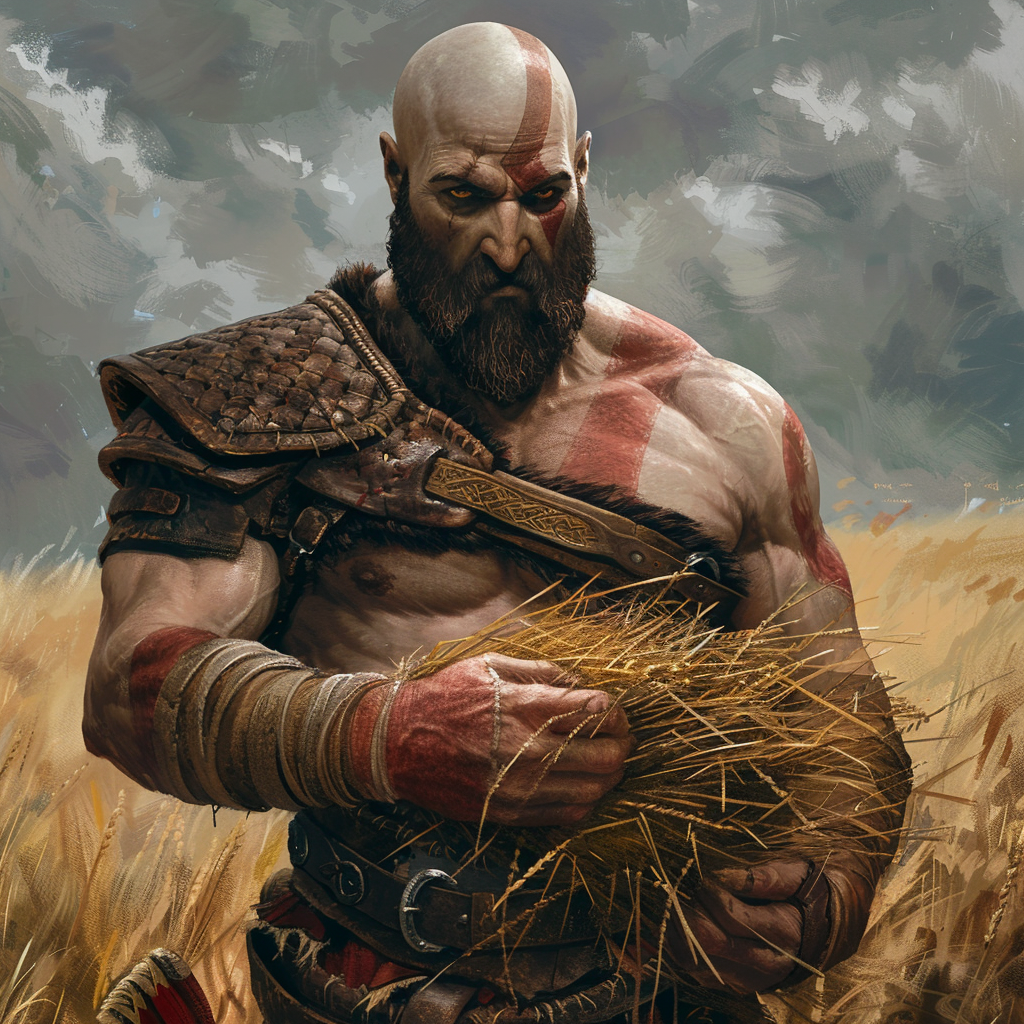 Kratos ținând în mână un balot de fân pe un câmp vara 