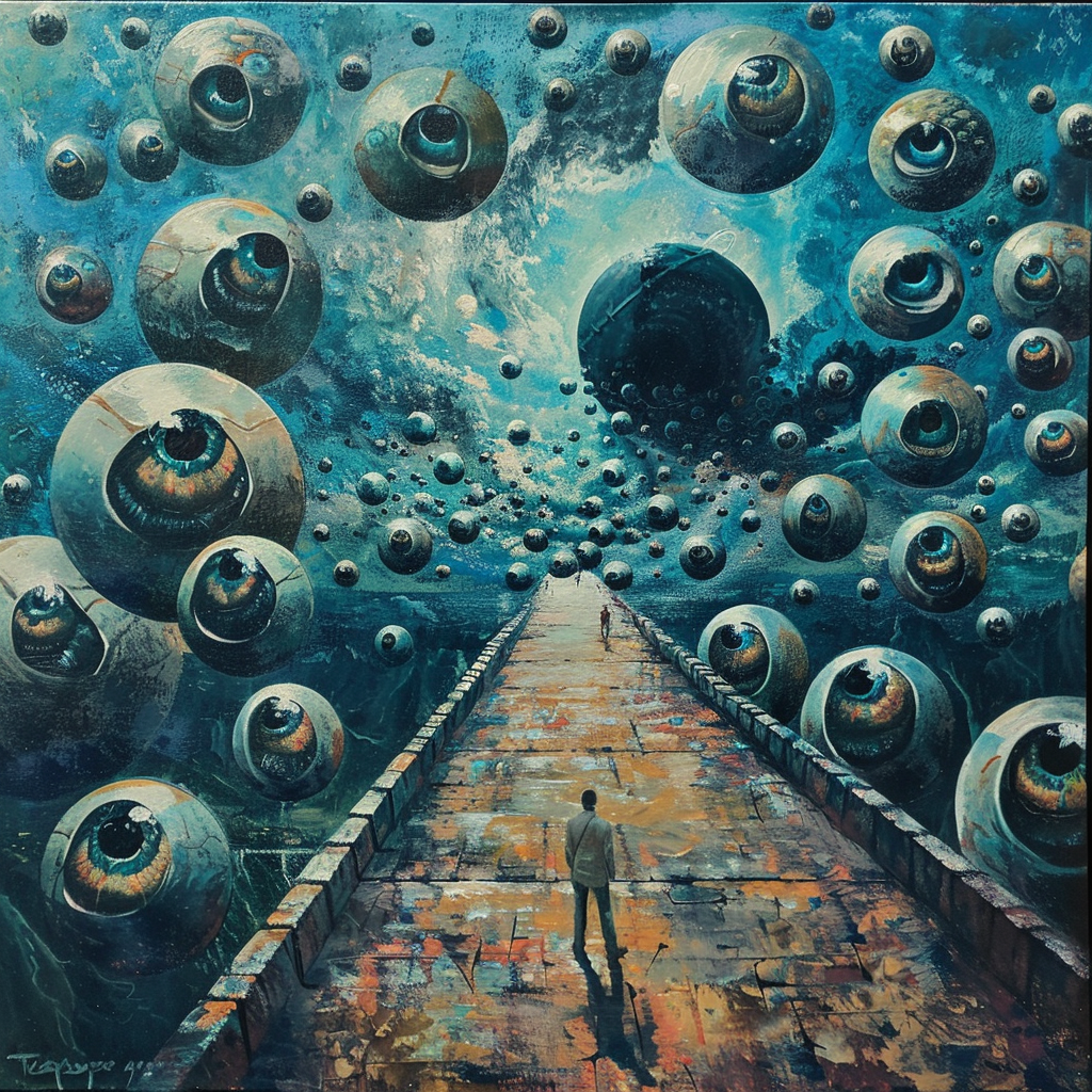 a man walking to a dyson sphere on a bridge made of eyeballs (oil paiting)
